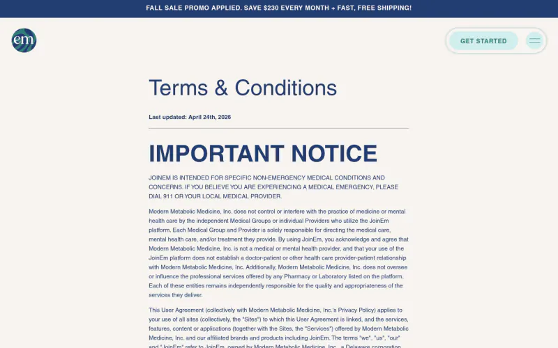 Embody terms page screenshot