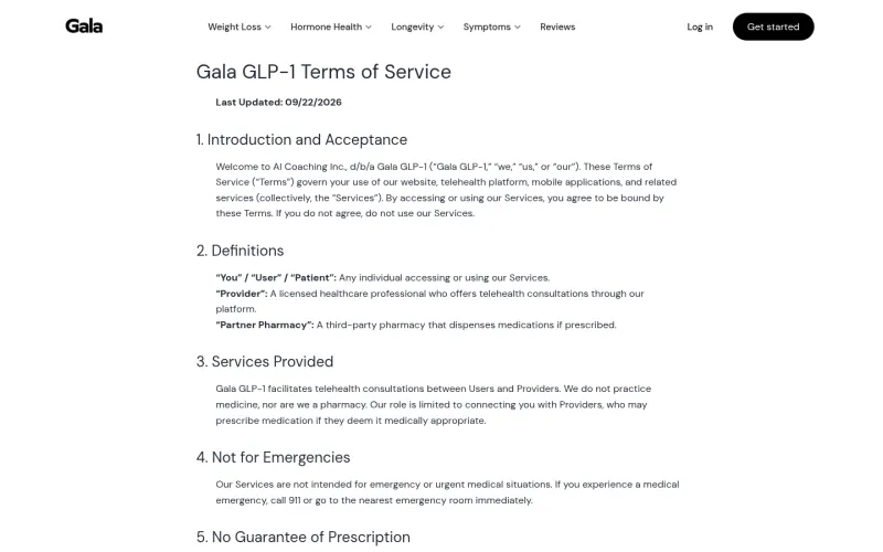 Gala Health terms page screenshot