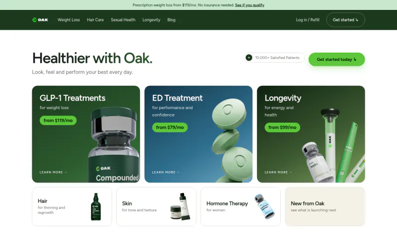 Oak Longevity home page screenshot