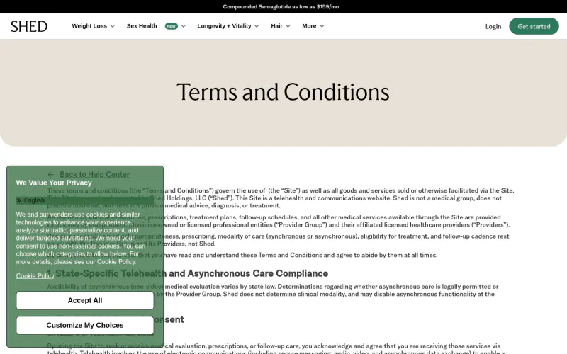 ShedRx terms page screenshot