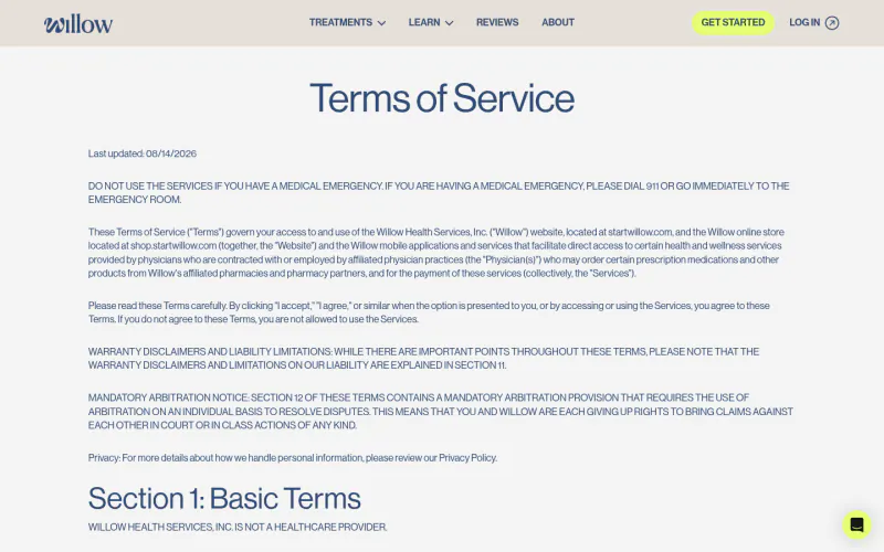 Willow terms page screenshot