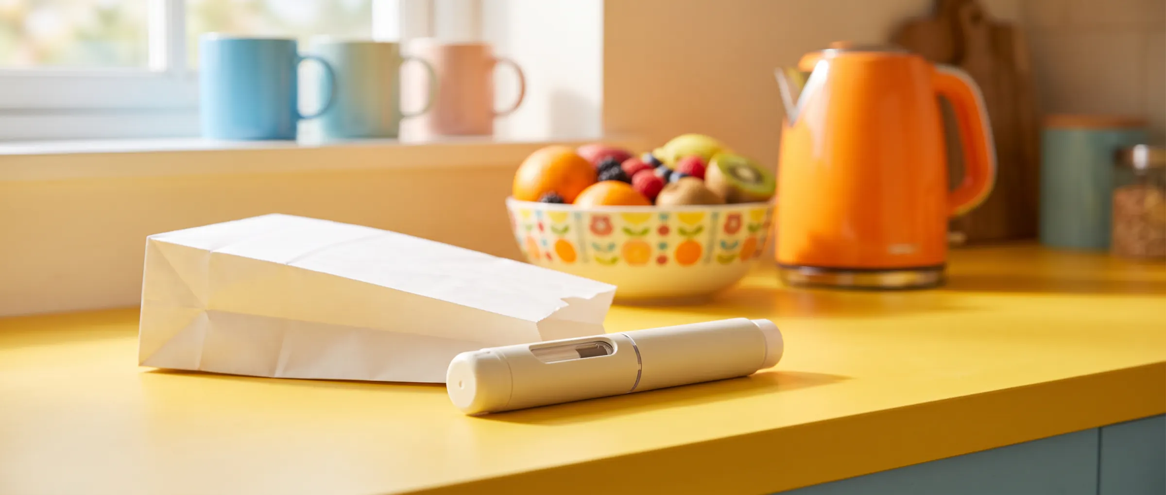 A plain injection pen beside a white paper pharmacy bag on a sunny kitchen counter