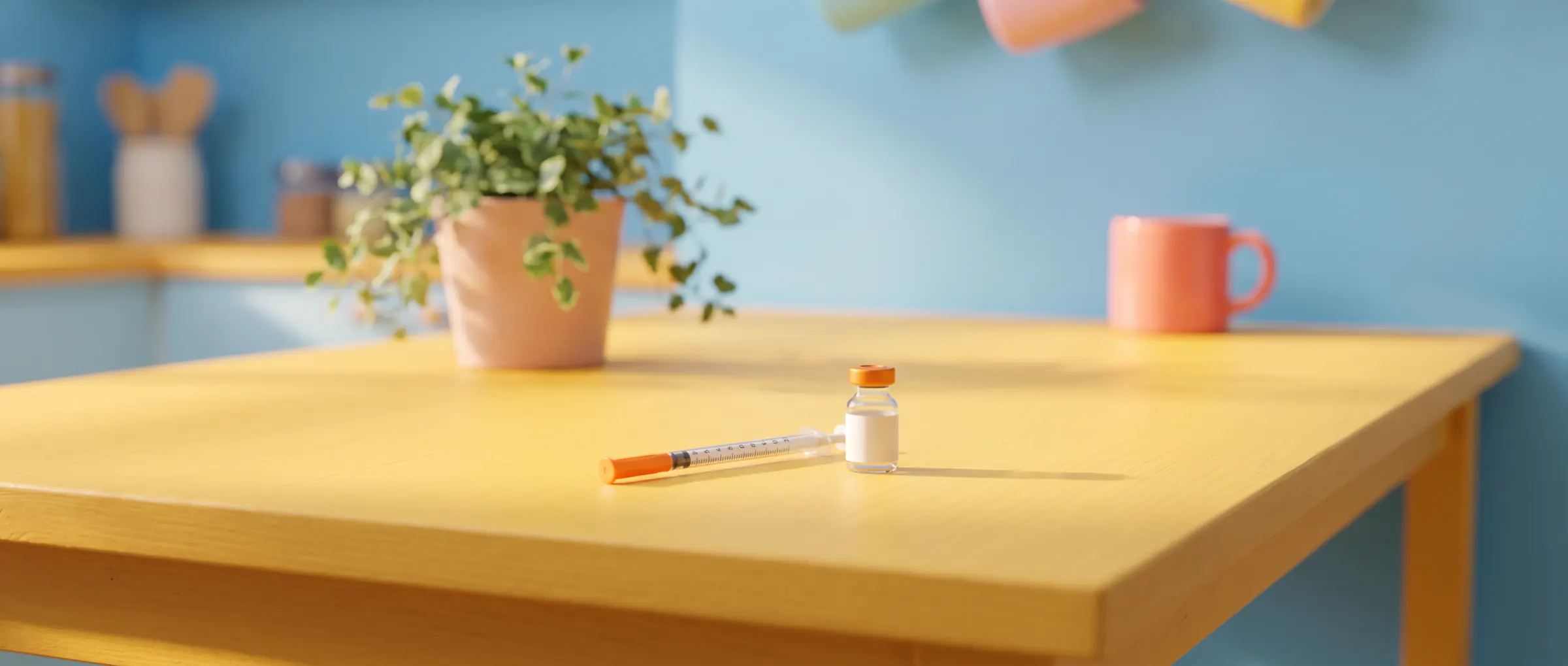 A capped syringe beside a small vial on a bright yellow table