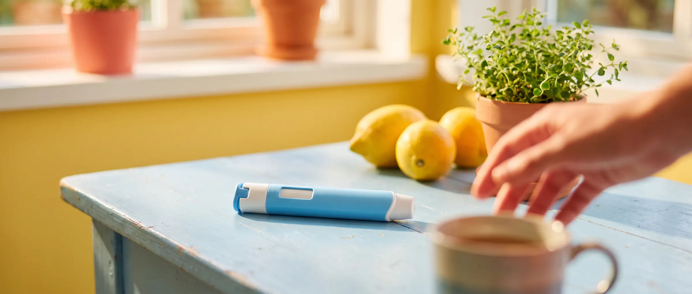 An injection pen on a sky-blue table in warm sunlight