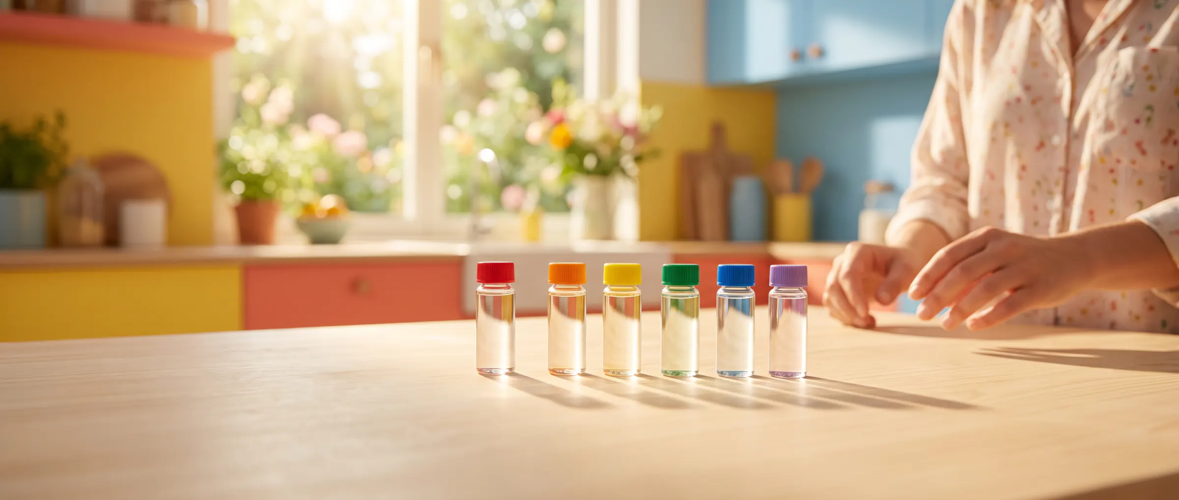 Six plain vials with caps in rainbow colors in a row on a sunny table